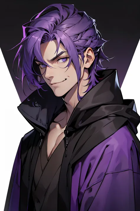 High quality, 4k, 1male, Large broad shoulders, creepy smile, purple hair, wearing a dark hooded robe, no background