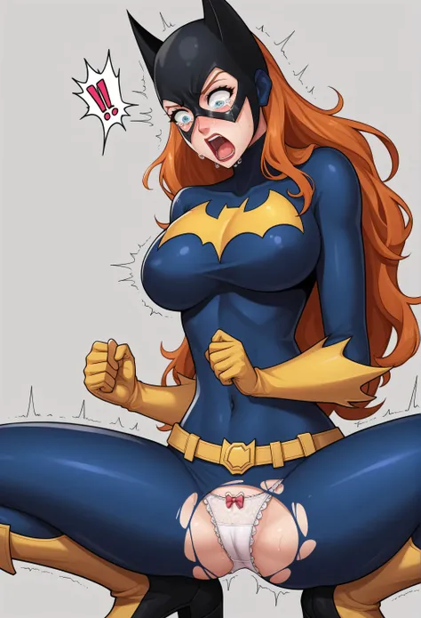 Usando gorro de Papai Noel, An extremely sexy red-haired woman with a thin waist and large breasts, rips suit, BATGIRL costume TODO RASGADO E ESFARRAPADO. Batgirl costume ripped, ripped shirt, tight clothing, lap, looking shocked , surprised expression , e...