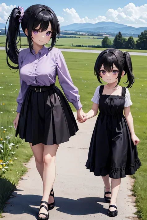 (Mother and Daughter), black hair, ((side ponytail)), purple eyes, smile, medium breasts, walking, meadow