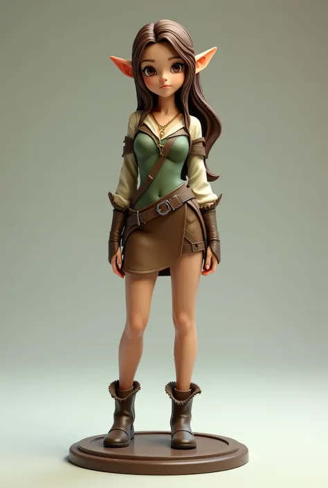 fantasy style d&d miniature figurine of a pretty young woman elf ranger with innocent look, round face, brown hair and brown and kaki green fantasy medieval tight ranger outfit with short skirt, sharp details, masterpiece, vibrant colors, sharp details, pe...