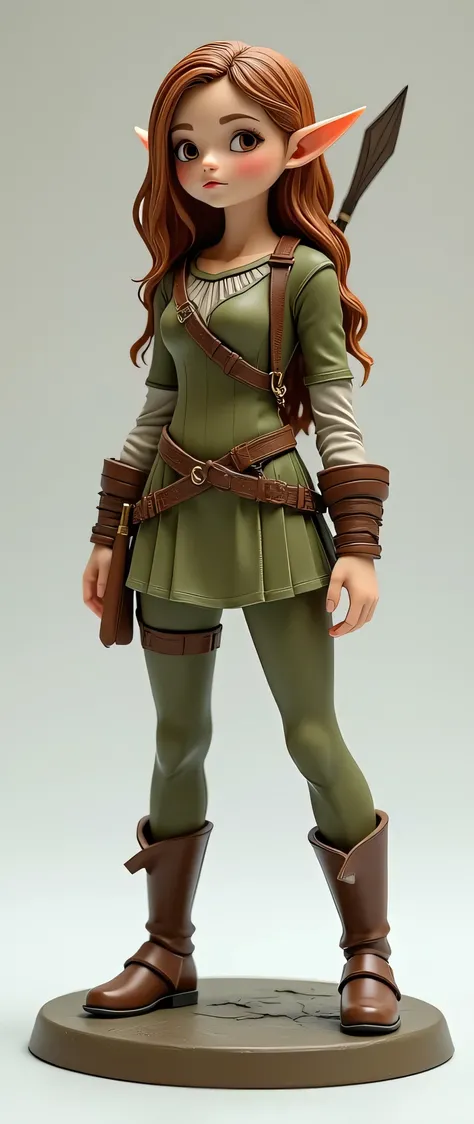 fantasy style d&d miniature figurine of a pretty young woman elf ranger with innocent look, round face, brown hair and brown and kaki green fantasy medieval tight ranger outfit with short skirt, sharp details, masterpiece, vibrant colors, sharp details, pe...