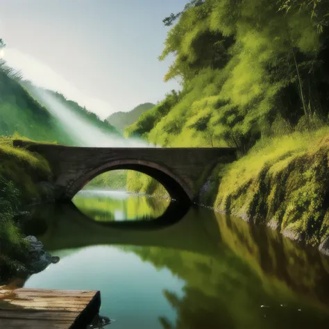 araffe crossing a river in a lush green forest with a bridge, a picture by Fan Qi, pexels contest winner, romanticism, beautiful and mysterious, beautiful ancient forest, fairyland bridge, really beautiful nature, magical environment, beautiful forests and...