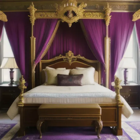 a close up of a bed in a room with a purple bed cover, lavish rococo baroque setting, in a bedroom!!!!!!!!!!!!!!!!!!!!, rococo style, rococo baroque, extremely opulent, victorian room, baroque style, bed room, royal interior, rococo and art nouveau fusion,...