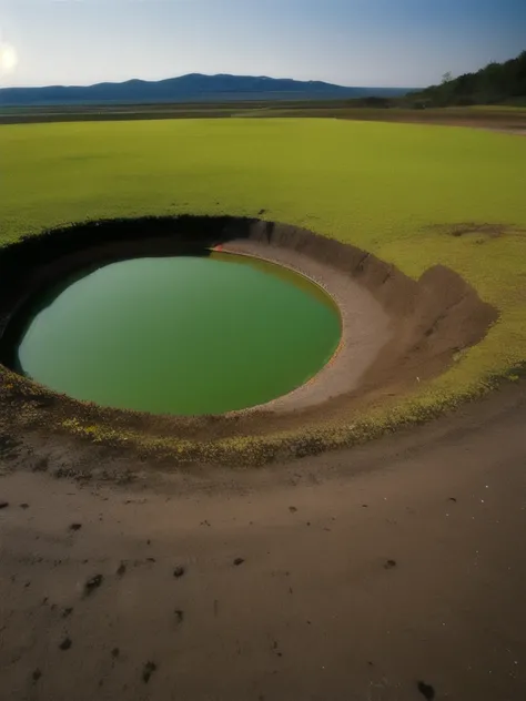 a large crater with a bright green and yellow substance in the middle, a colorized photo by Anish Kapoor, shutterstock, land art, green oozing pool pit, brilliantly colored, amazing colors, breathtaking colors, lake filed with molten gold, amazing colours,...