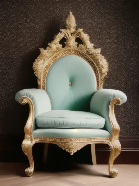 there is a chair with a pillow on it in a room, a pastel by Achille Leonardi, pinterest, baroque, luxury furniture, elegant furniture, ornate furniture, wood carved chair, gold throne, golden throne, lavish rococo baroque setting, gold and luxury materials...