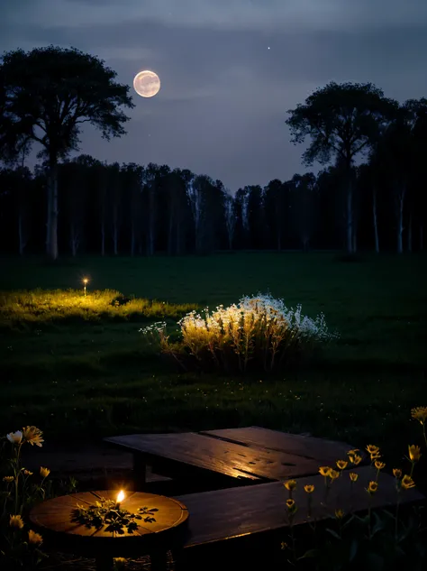 candles are lit in a field of flowers and trees, moonlight shining on wildflowers, monia merlo, by Johanna Marie Fosie, broken wooden table full of wild flowers arrangements, field of flowers at night, by Anna Haifisch, artem chebokha, moonlit night dreamy...