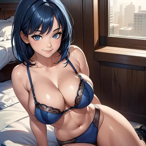 Photo realistic girl ( dark BLUE hair ), with underwear Black sexy lingerie, (large breast ), in a girl bedroom , (sexy smile ), a view from above