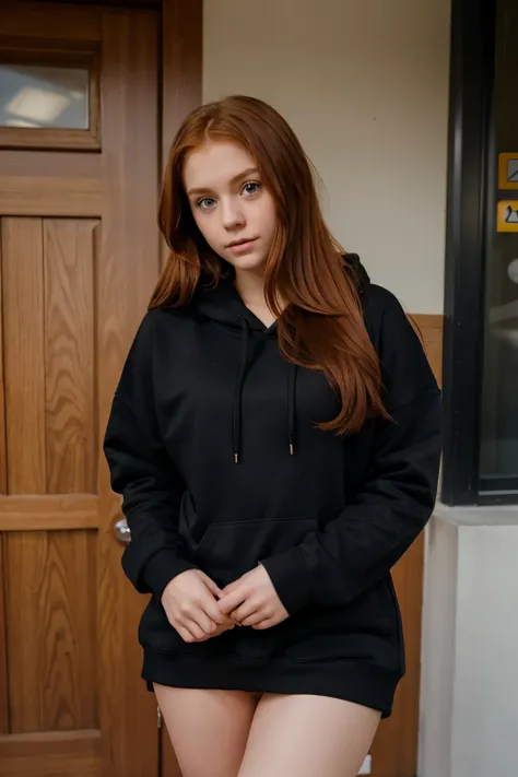 Beautiful and young redhead highschool girl, cute face, snub nose, big eyes, she wears only long black hoodie, vagina and legs are naked, full length photo