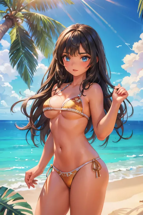 A woman with long brown hair in a blue and white bikini, beautiful detailed eyes, beautiful detailed lips, extremely detailed face, long eyelashes, young and sexy looking, posing confidently, tropical beach background, golden sand, blue ocean, palm trees, ...