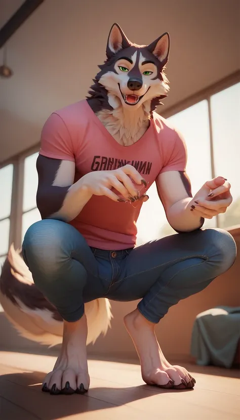 Red-eyed male furry werewolf wearing a light pink sleeveless t-shirt,  skinny jeans on the ceiling    ,  squatting posture  ,     looking at the spectator,    green eyes, salivating, clawed feet,     seductive look,  crouching posture  , husky, wolf tail