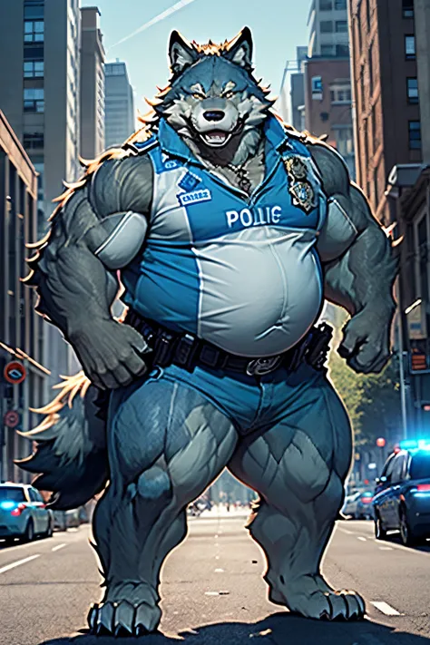 ((solo, 1boy)), (A strong and Slightly chubby man (furry wolf) standing confidently on a urban city), (as police), ((wearing police uniform))