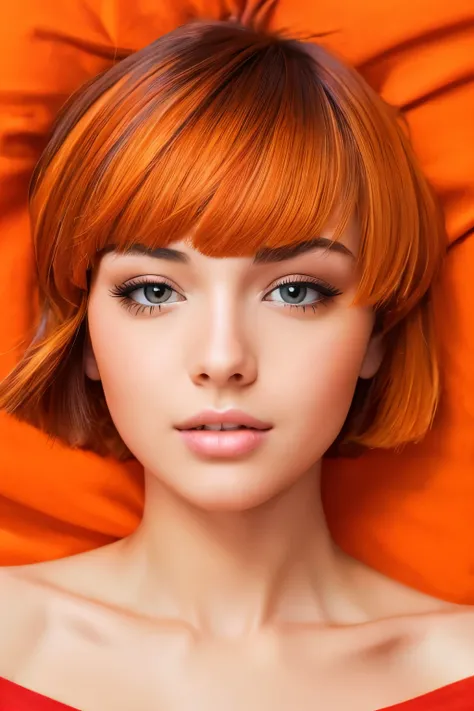 Amazing portrait of a sexy and cute girl with a short bob hairstyle and a seductive gaze who is blushing intensely with parted lips and is desperate and flustered and lustful wearing an off shoulder orange t shirt showcasing her bare shoulder while lying o...