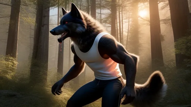 furry, alone,  close, Male black wolf,  bright red eyes,  finger claws , greet spectator , fierce, in the morning, sunny forest, standing posture, right profile, fluffy tail, , salivating, clawed feet,  wearing tight pants , light pink sleeveless t-shirt