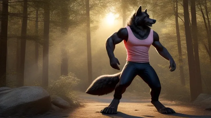 furry, alone,  close, Male black wolf,  bright red eyes,  finger claws , greet spectator , fierce, in the morning, sunny forest, standing posture, right profile, fluffy tail, , salivating, clawed feet,  wearing tight pants , light pink sleeveless t-shirt