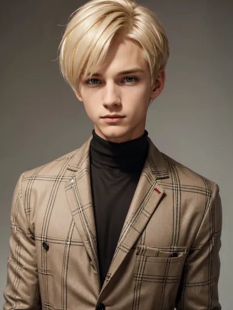 (best quality), 1boy, male, porcelain skin, black roots, blonde hair, short hair, straight hair, side swept bangs, swoopy tips, brown eyes, perfect eyes, shy, tight black turtleneck top, plaid jacket, skinny body, masterpiece, anatomically correct, highres...