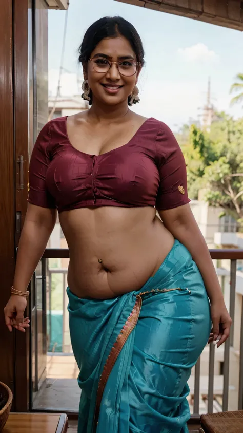 RAW photo, natural lighting, best quality:1.15) Indian woman Nisha, wearing colorful saree blouse, 28 years old, (chubby cheeks:1.1), (curvy body:1.4), (eyeglasses), (bindi), An Indian beauty, charismatic, fair skintone, naughty smile, hair tied, look at v...