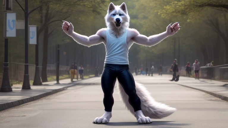 furry, alone,  close,  Male White Wolf ,  Bright blue eyes ,  finger claws , greet spectator ,  nude, fierce, street, sunny forest, standing posture, right profile, fluffy tail, , salivating, clawed feet,  wearing tight pants , light pink sleeveless t-shir...