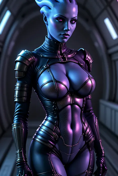 "A full-body portrait of a sultry and curvaceous Asari mercenary with jet black skin that glistens under soft lighting, adorned with iridescent biotic markings that shift and shimmer with energy. Her intricate tattoos glow faintly with shifting hues of vio...