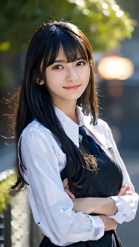 Highest quality,4K,8k,High resolution,masterpiece:1.2,Very detailed,A girl exuding fatigue,long, flowing black hair,Delicate features,Thinking eyes,White skin,Happy expression,Great atmosphere,Wearing a uniform、Gazing into the distance,,Romantic atmosphere...