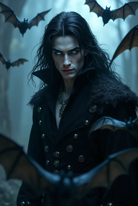 A dark-skinned man with blue eyes ,  long black hair dressed as a vampire surrounded by bats.