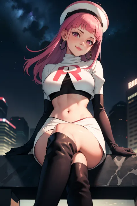  hilda valentine goneril,pink hair,lipstick, earrings,military uniform,white military hat ,team rocket, team rocket uniform, red letter R, white skirt, white crop top, black thigh-high boots, black elbow gloves, evil smile, looking down on viewer, sitting ...