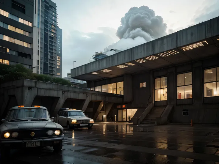 100 floor museum huge toweing into clouds huge brutalist museum 100 metesr tall made of raw wet concrete night center of big city, huge skycrapesr sranding outside in the concrete yard car parking road in front of very big moden futuristic brutlist art mus...