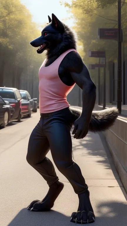 furry, alone,  close, Male black wolf,  bright red eyes,  finger claws , greet spectator ,  nude, fierce, street, sunny forest, standing posture, right profile, fluffy tail, , salivating, clawed feet,  wearing tight pants , light pink sleeveless t-shirt