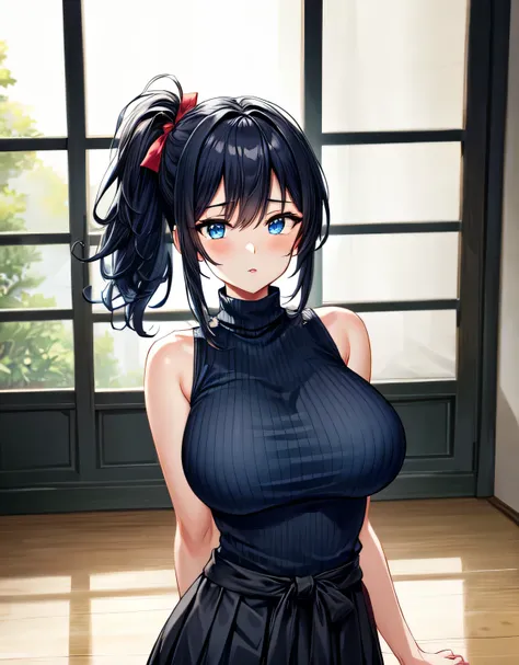 (large breasts:1.55),(shiny hair),((solo)),((masterpiece)),((best quality)),perfect anatomy,slim waist,perfect image,8k UHD,(beautiful detailed eyes:1.5),extremely detailed face,standing,(upper body:1.2),(look at the front:1.5),(arms behindback),ultra-deta...