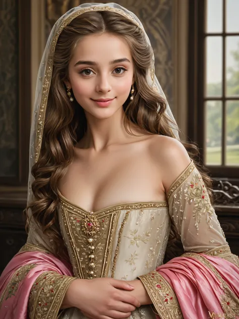 (best quality,4k,8k,highres,masterpiece:1.2), ultra-detailed, (realistic,photorealistic,photo-realistic:1.37),In the portrait of this enchanting  girl, the daughter of a prosperous merchant during the flourishing 17th century in the Netherlands, every brus...