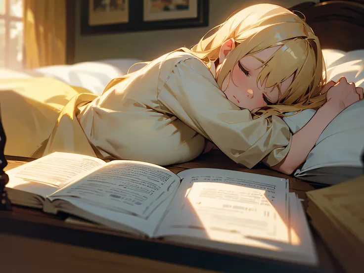 blond women sleeps near one open book in the morning light laying on the bed focal blur, focus on the open book
