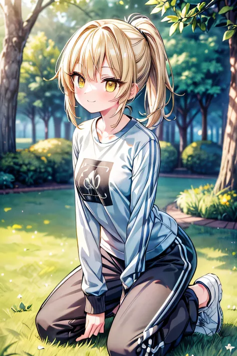 (extremely detailed, 8K resolution, with sharp focus, masterpiece, best quality, Moe Art style, sfw):1.2, 1 cute lady, slender full body, kneeling on the grass in the park, (long sleeve T-shirts, jogger pants, gray sneekers), detailed yellow eyes, blonde s...