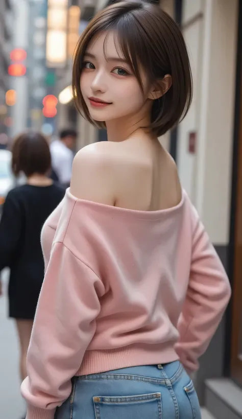 ( top quality , masterpiece:1.2),  perfect body,  slim waist, Big Breasts,  off-shoulder sweatshirt full of energy,  jeans, Backstreets, Lively， 1 girl, Golden Ratio,[:(With detailed face:1.2):0.2]:， Pure Face_v1， is standing，View from the waist，  close-up...