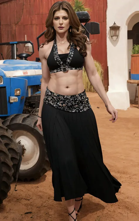 cory chase in a black skirt walking in front of a tractor, navel, skinny waist and thick hips, her belly button is exposed, very attractive and beautiful, sexy movie photo, stunning woman, beautiful midriff, wearing crop top and miniskirt, indian super mod...