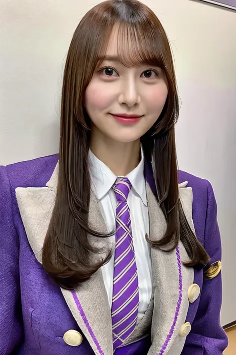 brown hair on one woman、 straight hair、With bangs、Beautiful breasts、SlenderBody、Purple tie、WhiteShirt inside a purple blazer jacket 、 purple and white plaid pleated mini skirt、 is standing in a school classroom