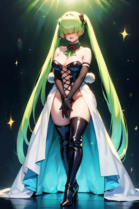 1girl, Anime, Large breasts, Sexy, Scantily Clad, Long Green Hair Covering Eyes, Two Ponytails, Wearing a Ridiculously Outrageous Christmas Dress, Elbow Length Gloves, Thigh High Heel Boots, Red Lips, Full Blush, Pixar, Wide Shot, Sparkle, Cinematic Lighti...