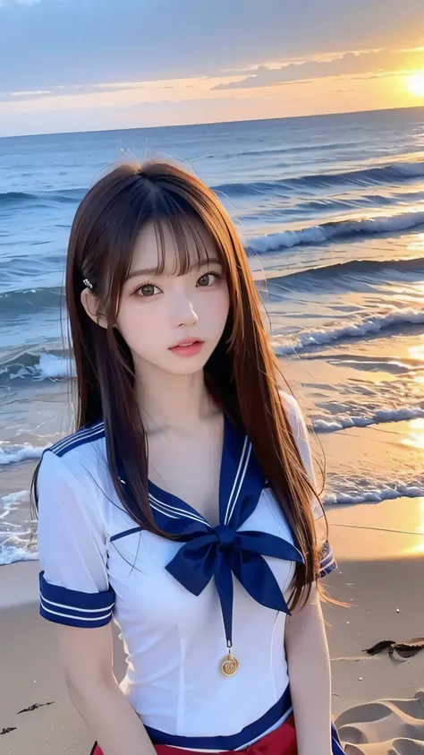 Japanese women like idols , long hair , straight hair , Round face , bust up , sailor suit , as pictured , Golden sand beach at sunset