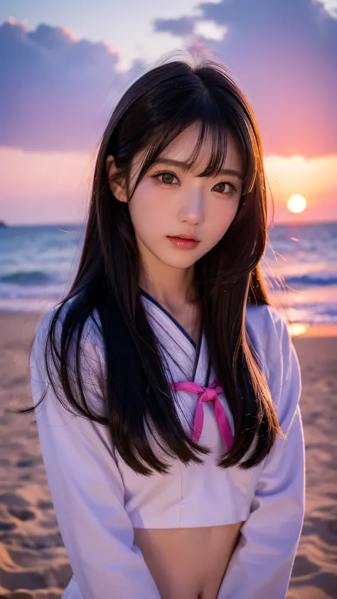  high-definition picture ， Japanese woman like an idol  , long hair , straight hair , Round face ,K-face details  ,  navy blue and pink sailor suit ,  as pictured  , Golden sand beach at sunset 