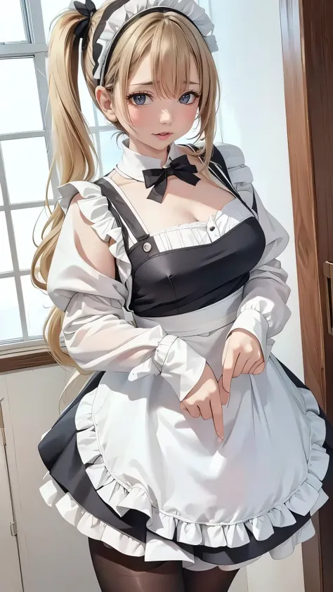 Masterpiece, highest quality, High resolution, One girl, Hayasaka ai, alone, Blonde, Maid, blue eyes, Side Ponytail, Hair Scrunchie, hair ornaments, Blue Scrunchie, Maid headdress, apron, Hair between the eyes, chest, Long sleeve, bangs, White shirt, Black...