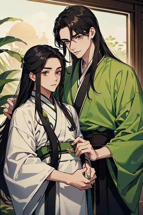  2 young guys in their 20s with long black hair one in green hanfu the other in white hanfu cuddle