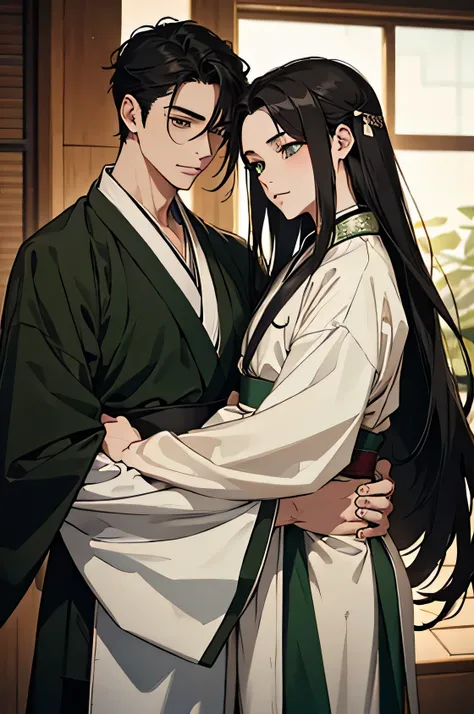  2 young guys in their 20s with long black hair one in green hanfu the other in white hanfu cuddle