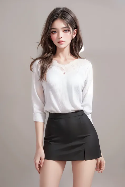 ((High quality)), ((masterpiece)), ((highly detailed)), ((white background)), ((grey background)), ((sabrina top shirt)), ((black short skirt)), perfect face, realistic, ((girl)), ((Asian)), ((gorgeous)), full body, 21 years old, Long silk black hair, stra...