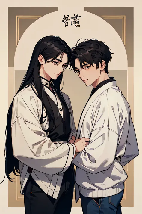 2 young guys in their 20s  .  One with long black hair and white hanfu,  second in jeans and a short-haired sweater 