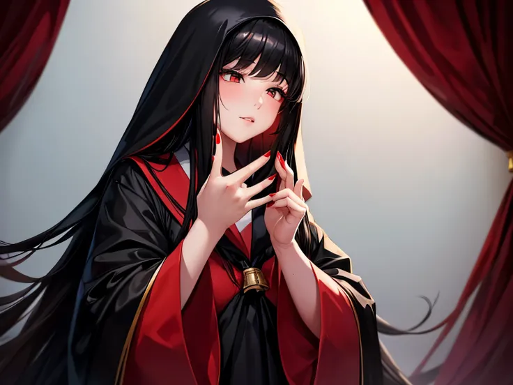 An elegant chubby woman, , long black hair and a red veil covering her eyes is wearing a traditional school uniform, places her fingers on her lips, symbolizing silence. Her nails were long and painted bright red. The background is solid black