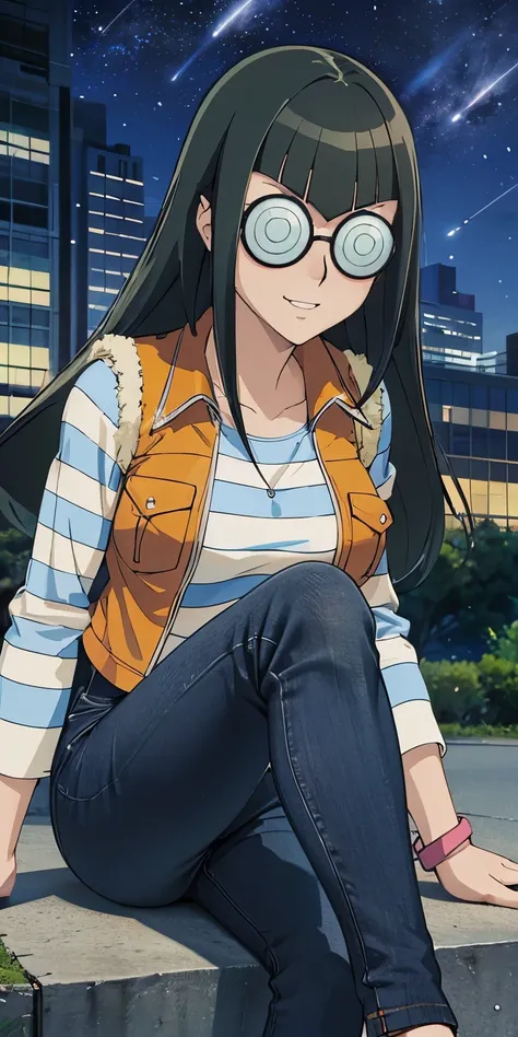 1 Female,High definition,high resolution,Ultra-realistic,8K, CC, 1girl, big grin, vest, striped shirt, striped sleeves, pants, black hair,large hair, glasses, perfect glasses,big grin,European,sexy,Upper body close-up,Photographed from the front,Dynamic An...