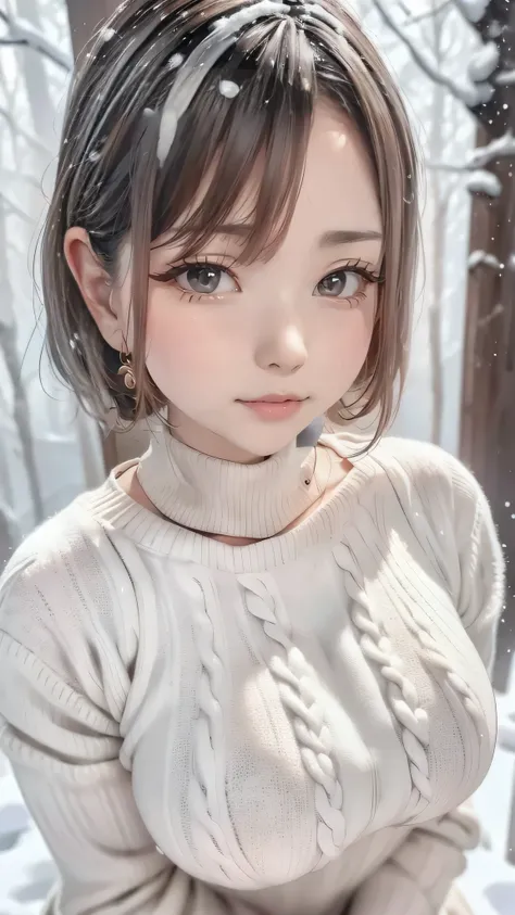 in the snowy forest, japanese girl, knit sweater, snowing,pupils sparkling, silver short hair, realistic Portrait, depth of field, f/1.8, anatomically correct, textured skin, super detail, high details, high quality, super detail, high details, high qualit...