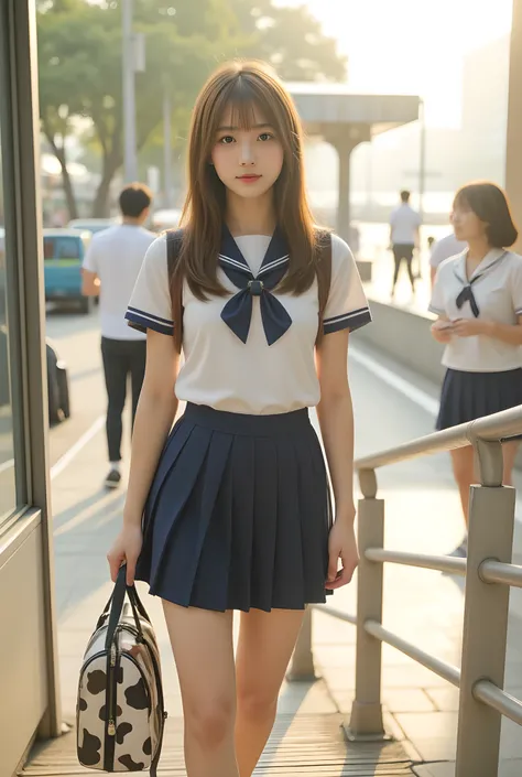 Photorealistic,Raw photo, 8K, A serene morning in Japan, capturing the essence of a typical school day. A beautiful Japanese high school girl, dressed in a neatly pressed uniform with a pleated navy-blue skirt and a crisp white blouse, ascends the station’...