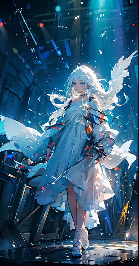 (Must-have items), ( top quality ),  very detailed, magician, perfect face, (  Solo Full Body Shot :1.3),  very detailed顔，( long white hair:1.5)，( blue eyes:1.4)，( stage:1.4)，(white dress:1.5)，magic，guitar， based，light， drums，crane，( stage:1.4)，fantasy，flo...