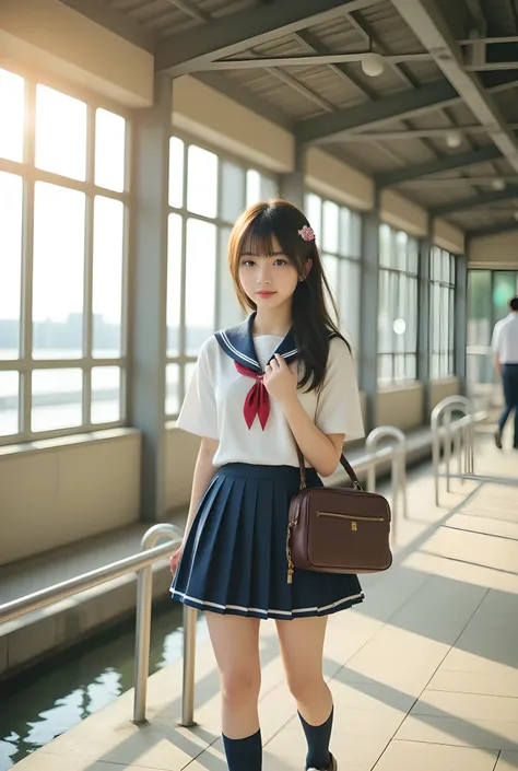 Photorealistic,Raw photo, 8K, A serene morning in Japan, capturing the essence of a typical school day. A beautiful Japanese high school girl, dressed in a neatly pressed uniform with a pleated navy-blue skirt and a crisp white blouse, ascends the station’...