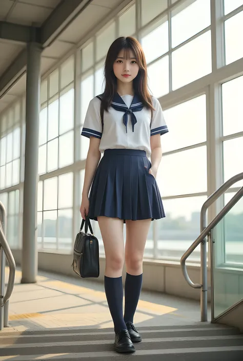 Photorealistic,Raw photo, 8K, A serene morning in Japan, capturing the essence of a typical school day. A beautiful Japanese high school girl, dressed in a neatly pressed uniform with a pleated navy-blue skirt and a crisp white blouse, ascends the station’...