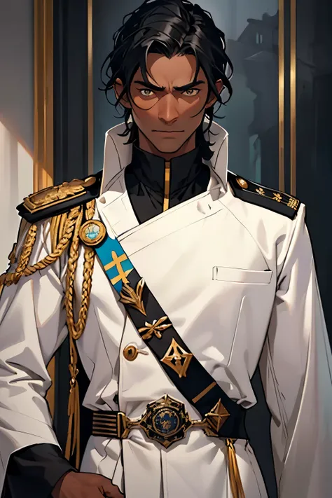 "Imagine an aged admiral with dark skin and jet-black hair touched by silver. His features are gentle but overshadowed by a stern, almost terrifying gaze that seems to see through people. He wears a decorated uniform, standing with calm confidence and an a...